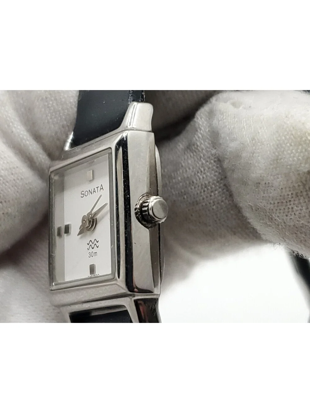 Sonata Quartz Watch Womens New Battery Silver Tone Black Band Square 17mm